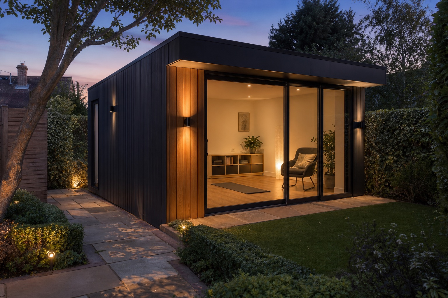 Contemporary garden wellness room at dusk